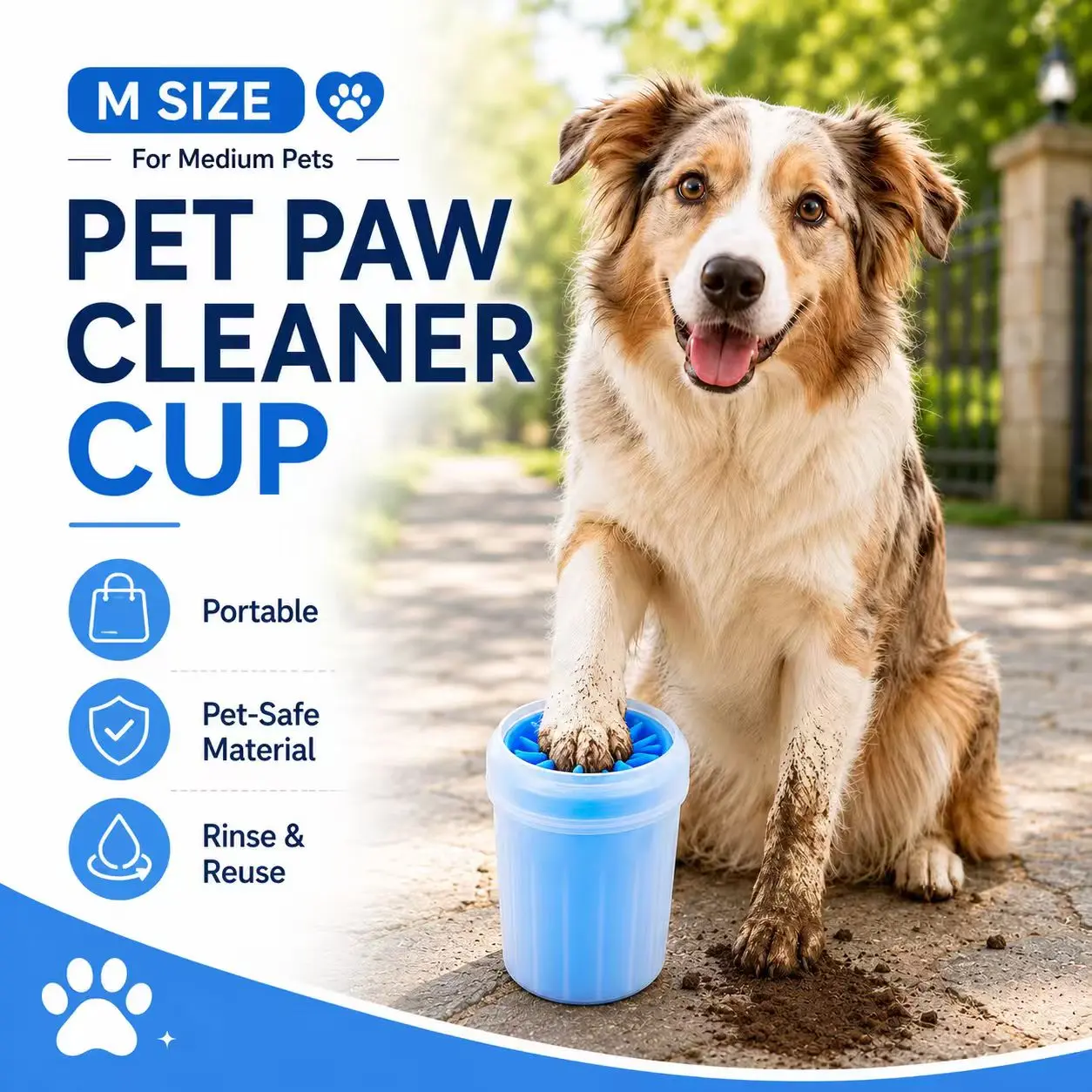 Size M Silicone Pet Paw Cleaner - Durable, Eco-Friendly, Automatic, Portable, Versatile Use, Cup-Style, Dog & Cat Grooming Claw Care Supply with Claw Cover, Universal