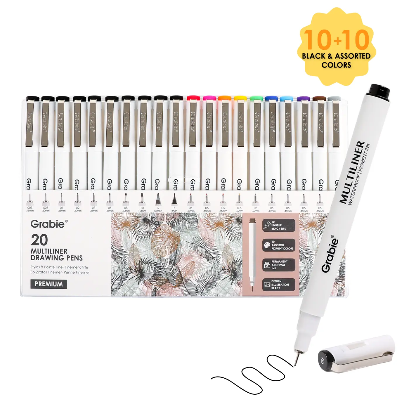 Grabie Waterproof Multiliner Drawing Pen Set (20-Piece) - 10 Black Ink Unique Tips, 10 Assorted Colors, Bleed-Free Lines Markers for Coloring, Artists, Back to School, Class Reward Gift Idea, Art Pens, Colorful Precision Pens