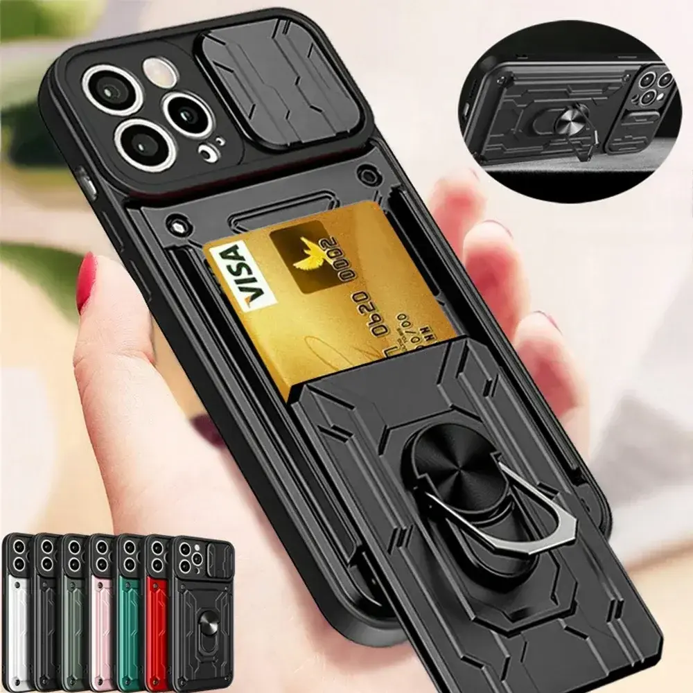 Phone Case For iPhone 17 16 15 14 13 12 11 Pro Max Plus SE Slide Camera Card Slot Military Grade Ring 360 Magnetic Back Cover