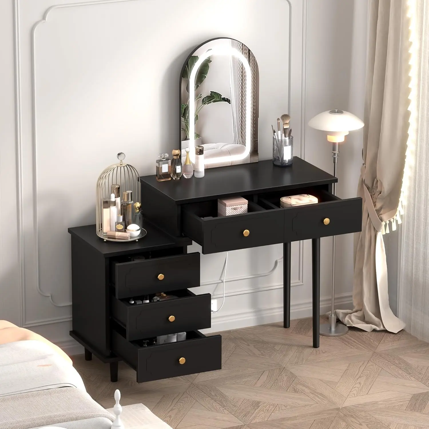 Garvee Lighted Mirror Makeup Vanity Desk (Black), Modern Wood Dressing Table with 2 Drawers & Adjustable 3-Drawer Cabinet