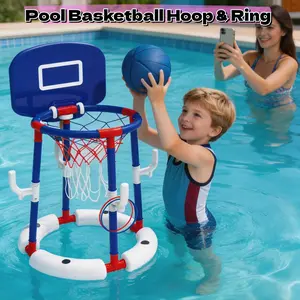 Floating Pool Basketball Hoop Set, 2-in-1 Pool Game with Backboard & Ring Toss, Stable Anti-Tip Base, 2 Balls, Rings & Pump, Pool Toys for Kids & Adults
