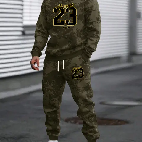 Men's Fitted 2-Piece Camo Tie Dye Tracksuit - Chicago #23 Vibe, Bold #23 Print, Long Sleeve Hoodie & Sweatpants with Pockets, Casual Athletic Loungewear Hoodie and Pants Set