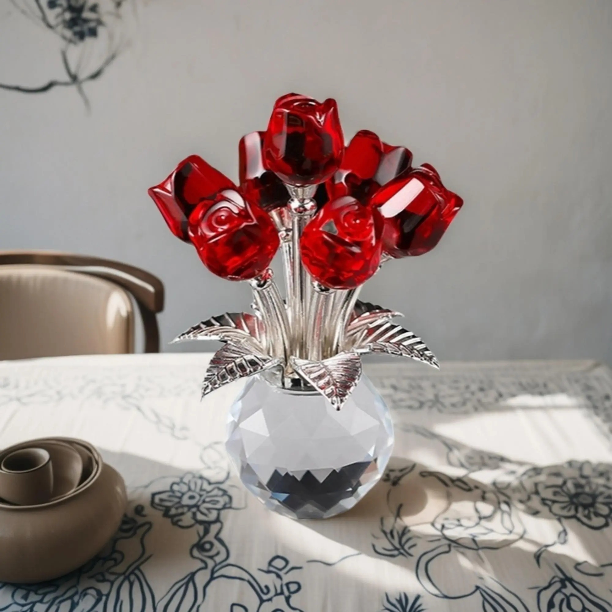 Artificial Crystal Rose Vase, 1 Count Creative Flower Arrangement Vase, Flower Vase for Home Decor, Desktop Ornament for Living Room & Office, Home Decorative Vase, Gift