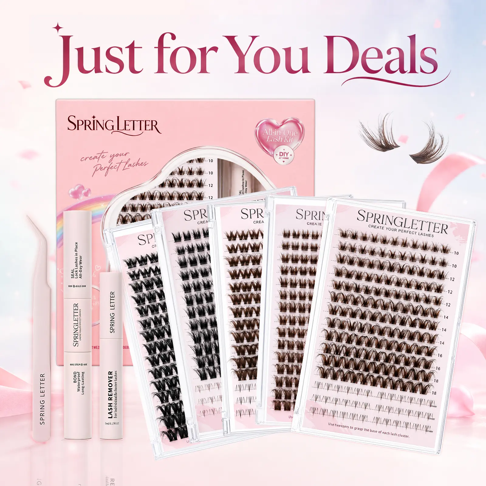 SPRINGLETTER Lash Clusters Kit with Bottom Lash Clusters, Wispy Fluffy Eyelash Clusters 10-18mm, Brown & Black DIY Cluster Lashes with Bond & Seal, Remover & Tweezers, At-Home Lash Extensions spikes