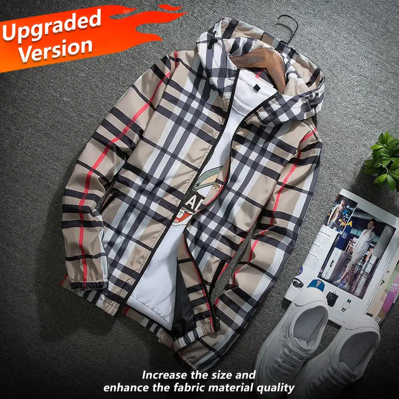 (Upgraded version) Men's lightweight hooded jacket, zip-up windbreaker, adjustable drawstring & color-block striped, spring and autumn fashion casual men's outerwear, customizable personalized jacket, stylish khaki plaid design