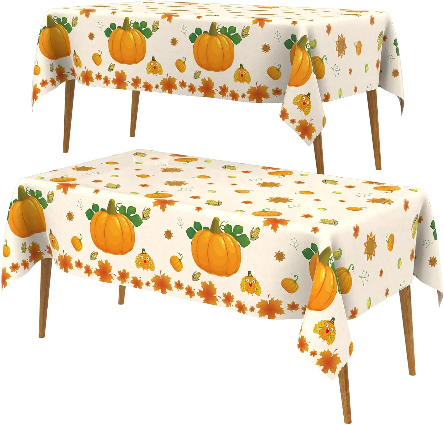 Premium Disposable Plastic Rectangle Tablecloth 2-Piece Set (54" x 108") - Pumpkin Maple Leaf Novelty Print, Spill-Proof, Durable, Easy-Clean, Indoor or Outdoor Ready for Thanksgiving, Autumn Harvest Party Decoration