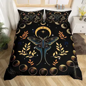 Feelyou Moth Motif Duvet Cover Bedding Set - Gothic Bohemian Whimsical Home Decor, Unique Bedding Sets with Stars, Moon, Galaxy, Leaves, Botanical, Exotic Elements, Polyester, Machine Washable, Queen Size for Kids' Bedroom
