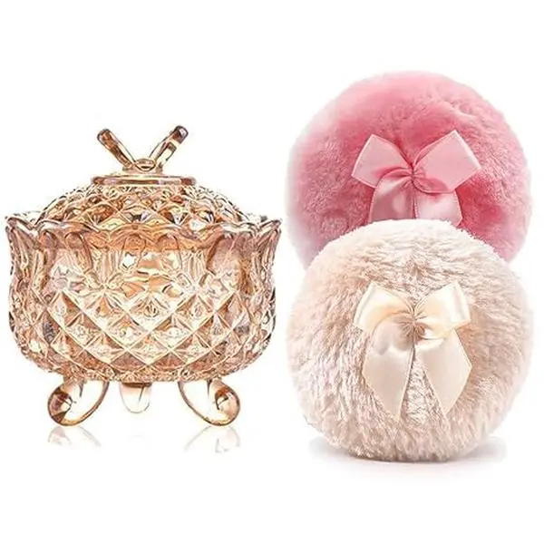 4 Inch Glass Loose Powder Container with 2 Soft 3.5" Puffs｜Non-Sealed Refillable Organizer Storage for Body Powder Makeup & Jewelry & Setting Applicator(Crown-Amber)