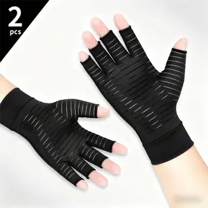2 Pairs Copper Compression Gloves for Arthritis, Carpal Tunnel & Joint Pain Relief – Fingerless Anti-Slip Hand Gloves for Women & Men, Ideal for Work & Typing