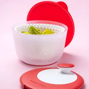 Tupperware Salad Spinner - Compact & Efficient Drying Tool for Fresh Salads & Greens - Includes 1-Gallon Bowl Colander Cover & Seal - Easy to Clean Transport - Red White Design