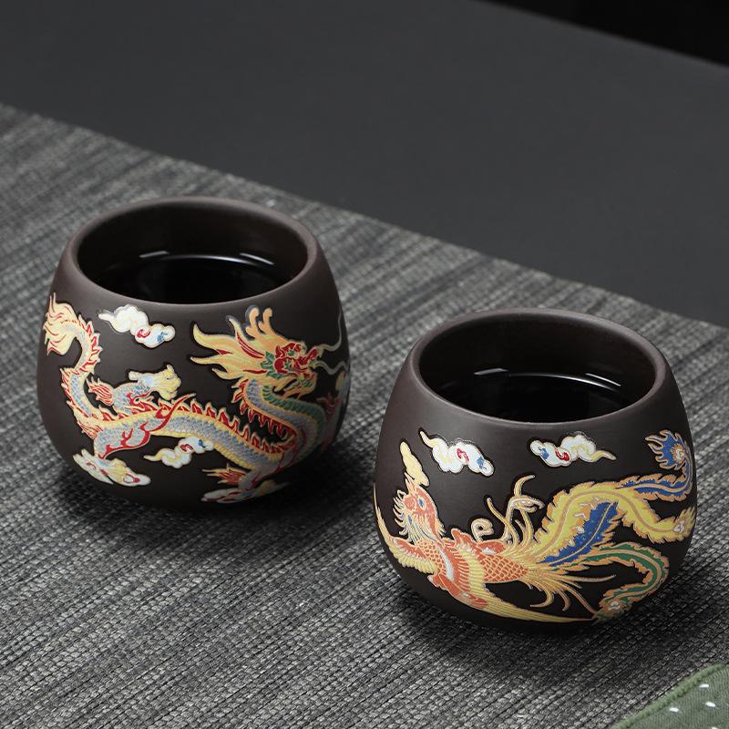 450ml Large Volume Heat-Changing Chameleon Feng Cheng Xiang Purple Clay Teapot with Dragon Handle & 2 Cups for Tea Enthusiasts