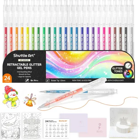 Shuttle Art Multi Color Glitter Glow Gel Pens Set - 24 1.0mm Bold Durable Tips Retractable Doodle Drawing Pens with Refills, Acid-Free Office Stationery for Adults, Back to School Cool Gifts (Conforms to ASTM-D4236)