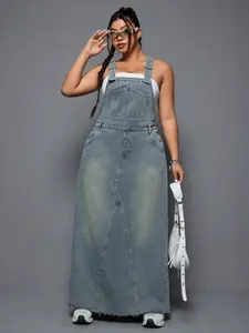 Summer Hot Girl Style Boho Plus Size Fuzzy Denim Strap Backless Long Dress, Casual Fashionable Women's Clothing, Womenswear, Comfortable and Stylish