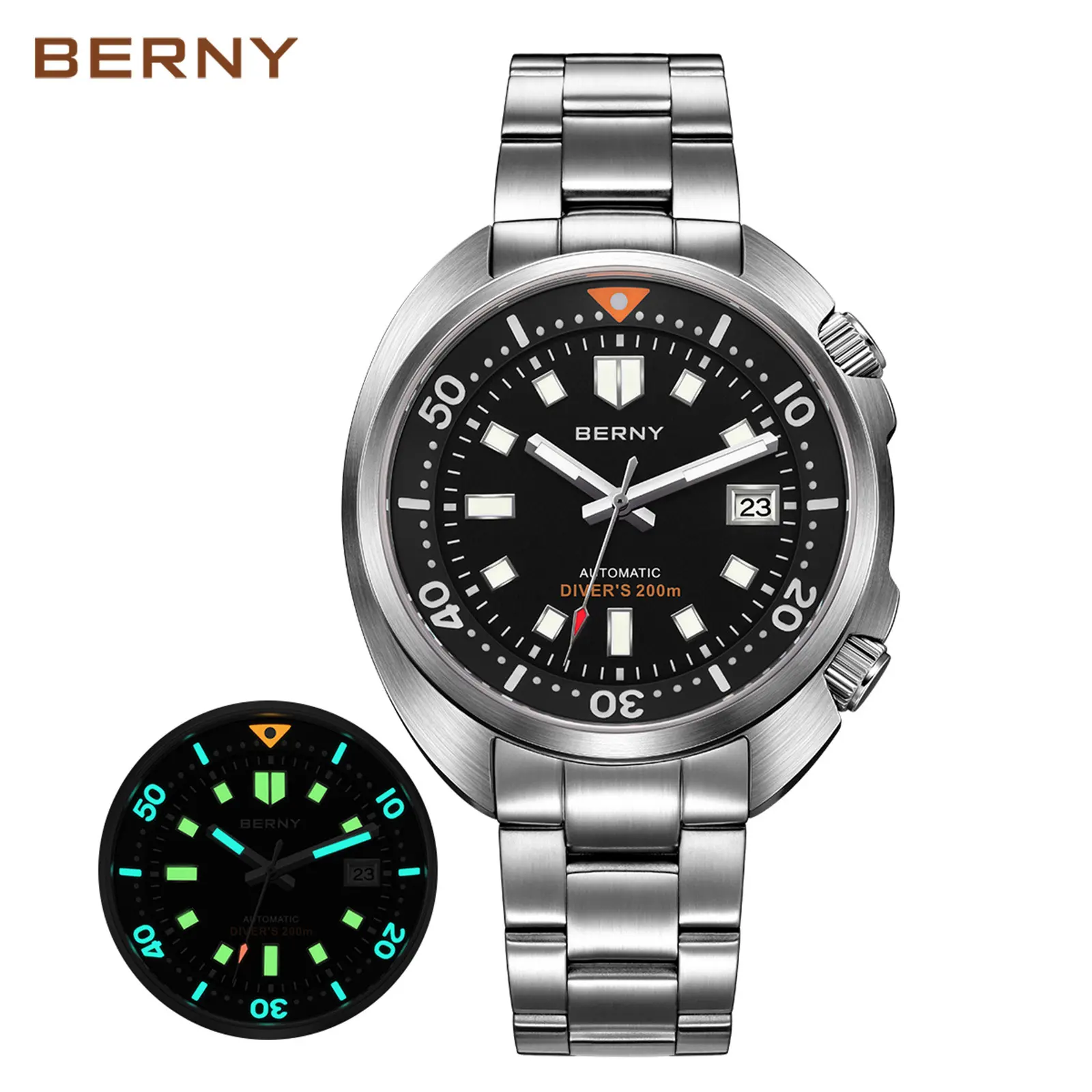 BERNY Automatic Diver Watch for Men - 44mm Cushion Case Dive Watch, 200M Waterproof, Japanese Mechanical Movement, Sapphire Crystal, 316L Stainless Steel, Super Luminous, Date Window, Retro Style Timepiece, Father's Day Gift, Summer Accessory
