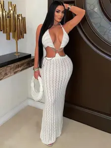 Women’s Hollow Out Cutout Crochet Maxi Dress, Halter Neck Chain Waist Summer Vacation Knit Dress for Party & Beach