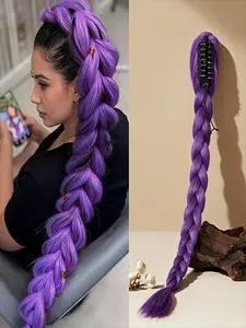 Anime character purple long hair fishbone braid hair clip ponytail artificial wig, Synthetic fiber wigs, High temperature resistant fiber, suitable for women, character performances, daily wear