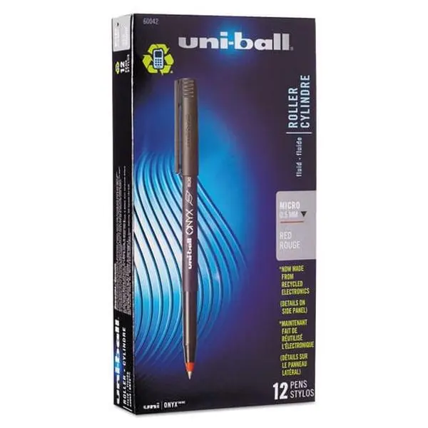 Uni-Ball UBC60042 Onyx Smooth-Write Stick Pen - 0.5 mm Micro Tip, Dye-Based Red Ink, Black Matte Barrel, Durable Metal Tip, Classic Clip, Ideal for Carbon Copies (1 Dozen) - Office Stationery for Office Workers, 0.5 Mm Pen