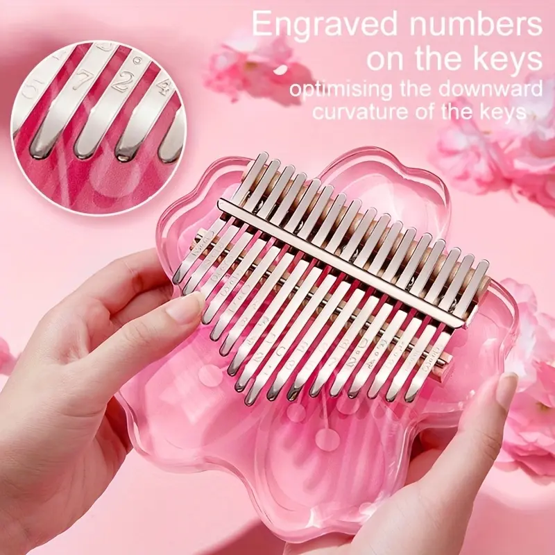 Ming Yuqin Cherry Blossom Crystal Kalimba Instrument-Transparent Cherry Blossom Thumb Piano, with 17 or 21 keys, acrylic piano body and attached box.