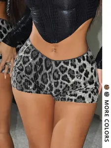 Women's Sparkling Sequin Leopard Print Shorts, Low Waist Sexy Clubbing Hotpants for Nightlife, Party to Shine