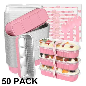 50 Pack Mini Cake Pans with Lids and Spoons, Small Aluminum Foil Loaf Pans，6.8oz Mini Cake Pans for Baking, Rectangular Baking Containers for Party and Picnics, Cupcake Containers Wrappers Cheesecake Creme Brulee Ramekins ,Mother's Day Gift