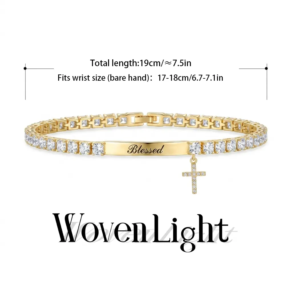 Women's 14K Gold Plated Blessed Cross Tennis Bracelet - Non-Tarnish Stainless Steel Chain, Sparkling Cubic Zirconia Inlaid Catholic Religious Wear Jewelry Gift for Females