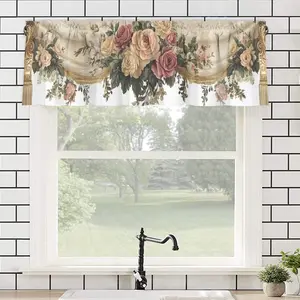 2D Flat, Vintage rose printed short curtain, elegant rose patterned coffee curtain, used in kitchens, porches, entrances, and partitions