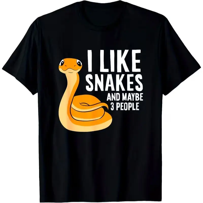 I Like Snakes And Maybe 3 People Cute Orange Cartoon Snake Graphic T-Shirt Reptile Lover Casual Short Sleeve Tee