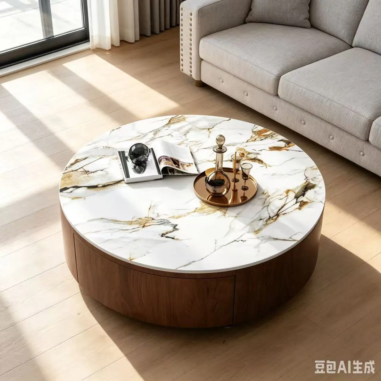 Bellemave Rustic Round Coffee Table - 35x35 in, Scratch-Proof Sintered Stone Top, 2 Built-In Soft-Close Drawers, Brushed Steel Legs, Modern Indoor Living Room Center Furniture Table
