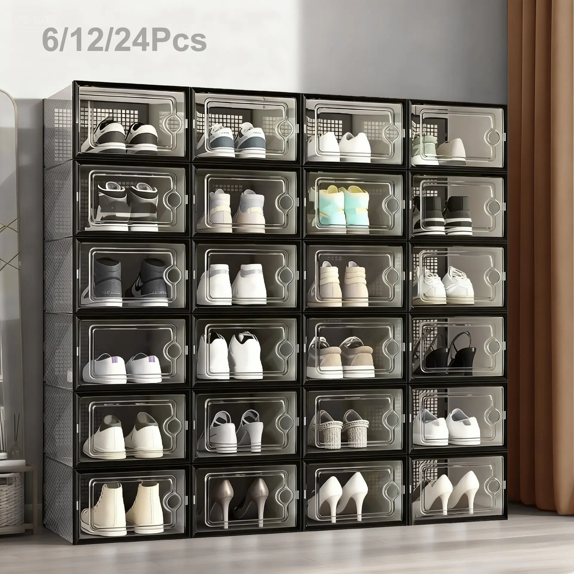 Shoe Rack Set of 6/12/24 Pieces, Clear Plastic Stackable Shoe Boxes, Shoe Storage Container for Wardrobe, Thickened Transparent Shoe Box with Lid Drawer Dresser Organizer Organiser