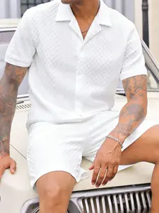 Men's Summer Fashion Classic Waffle Knit Short Sleeve Button Collar Shirt Drawstring Shorts Set, Casual Daily Wear Outdoor Clothing