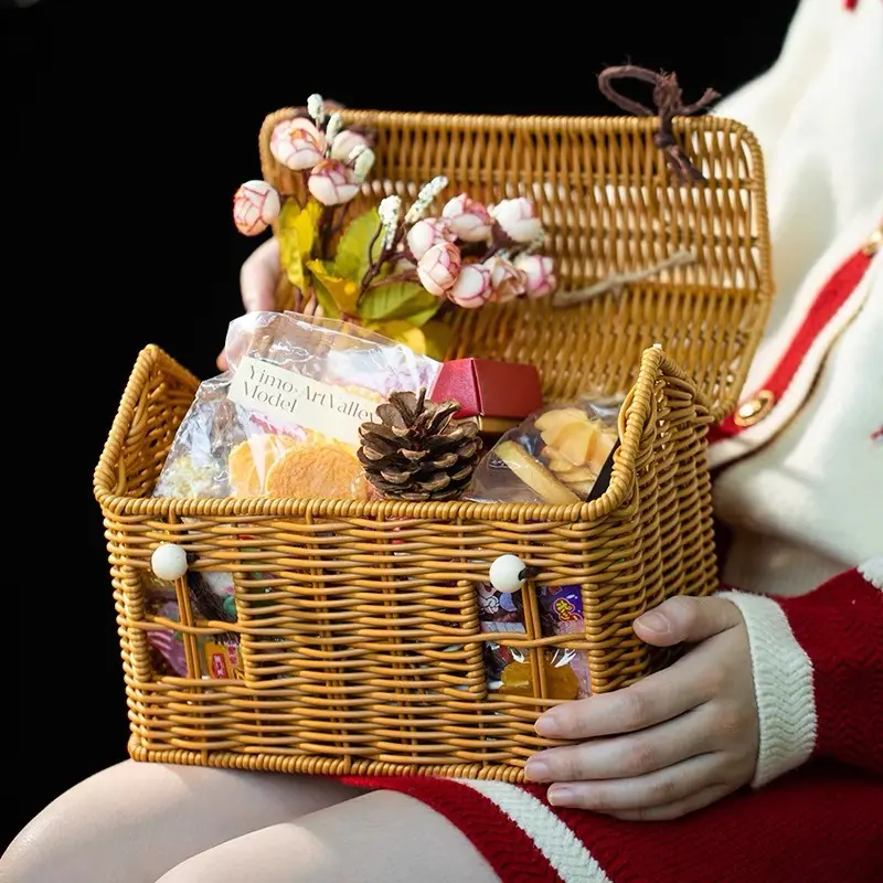Handmade Woven House-Shaped Basket with Lid, Party Candy Storage, Baskets for Organizing, Storage for Organizing, Gift Box, Desktop Organizer, Home Decor, All-Season Use
