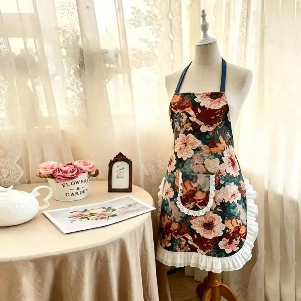 Women's Vintage Poppy Print Lace Apron with Pockets, Breathable Adjustable Tie Kitchen Apron for Cooking Gardening, Elegant All Season Work Apron, Perfect Halloween Christmas Gift