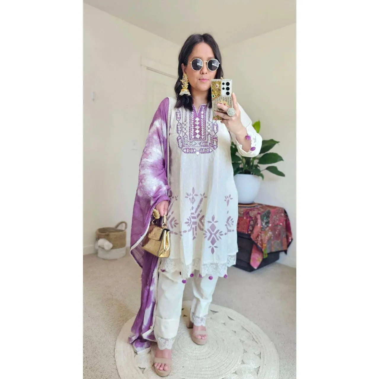 Women's Short Anarkali Kurta Set, 3-Piece Kora Cotton Outfit with Mirror Embroidery, Crochet Lace Pant & Tie-Dye Dupatta, Suit, Traditional, Casual, Real Mirror, Straight, Soft, Comfortable, Festive Look, Short Kurta, Pom-Pom Detailing