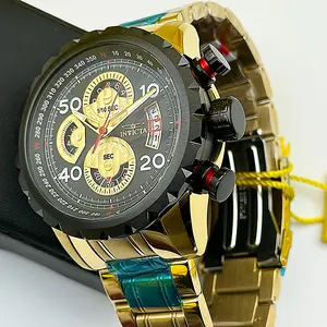 Invicta Men's Aviator Pilot Watch - Gold Case, Black Compass Dial, Spiked Bezel - New in Box, Authentic Rare Find, Aviation-Themed, Chronograph, Glow-in-the-Dark, Gold-Coated, Masculine Quartz Watches, Aviation-Themed Quartz Watches
