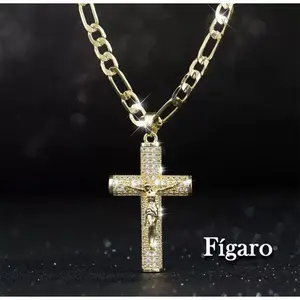 14K Real Gold Plated Cuban Chain, Figaro Chain, Miami Cross with Jesus Christ Cross, 24inch Length 6mm Width Hand Polished Multiple Plating Daily Wear Necklacegirlfriend gifts Necklace Exquisite Trendy Pendant