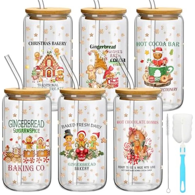 6 Set Christmas Glasses Cups with Bamboo Lid and Glass Straw 16 oz Gingerbread Man Christmas Drinking Cup Beer Iced Coffee Cup Xmas Tumbler Mugs for Women Men Holiday Party Office Gifts