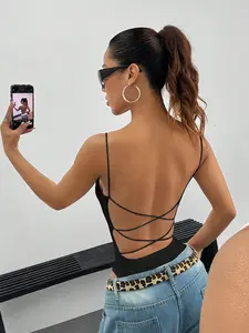 Backless Strappy Bodysuit with Spaghetti Straps, Women's Clothing Open Back One Piece, Tops  – Outfits -  Womenswear