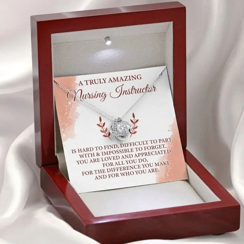A Truly Amazing Nursing Instructor Love Knot Necklace Gift Set, Thank You Appreciation Gift for Nurse Teacher Mentor, Stainless Steel Crystal Pendant with Message Card and Box