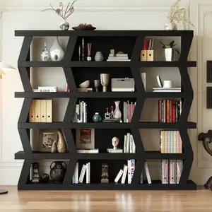 5-Tier Wooden Bookshelf: Asymmetric Design with Modular Compartments (5-15) for Modern Display & Storage Bookcase Multipurpose