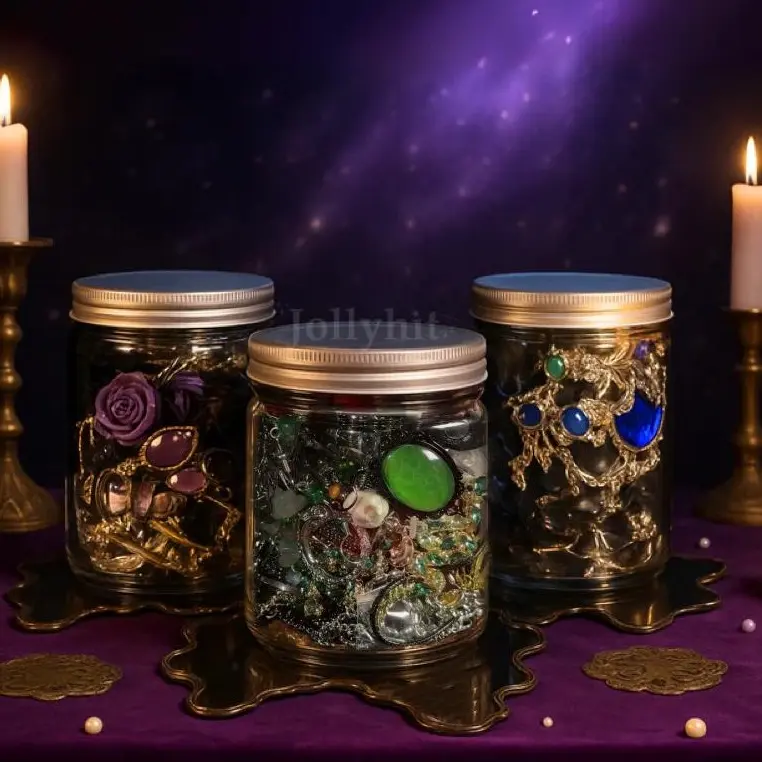 【Color-Themed】Jollyhit Light Goth Witch Mystery Jewelry Jar – 30 pcs Costume Jewelry Blue  Green Purple Rings, Necklaces, Earrings & Bracelets Set daily gift surprise gothic box
