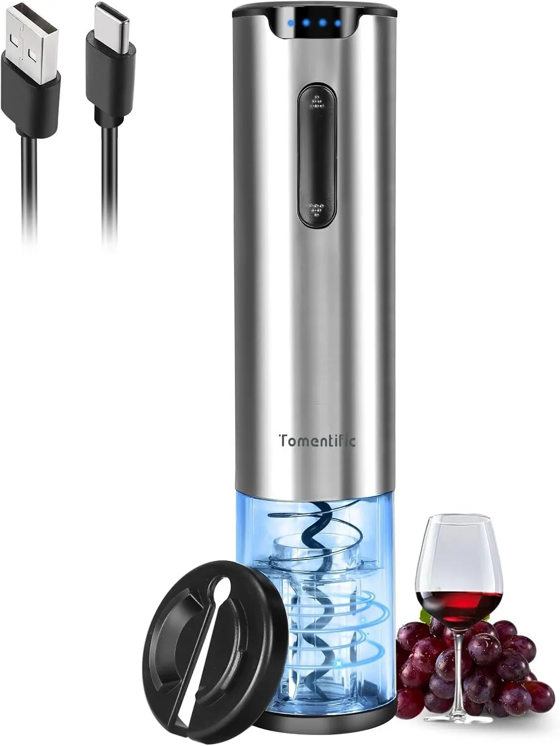 Electric Wine Opener Tomentific, Rechargeable Automatic Wine Corkscrew Bottle Opener With Foil Cutter, Type-C Charging Wine Openers With LED Light For Home Party Wedding Gifts (Stainless Steel) Gift