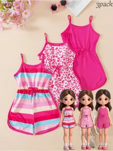 Girls' three-piece romper set, halter-neck romper, bright Barbie pink, sweet princess style, best-selling item, the perfect gift for a girl, perfect for Easter, casual and versatile, Clothing Set