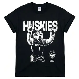 [MADE IN US] UConn Huskies Black T-Shirt - Vintage Distressed Mascot Thumbs Up Graphic - Nostalgic Streetwear for College Hoops Fans