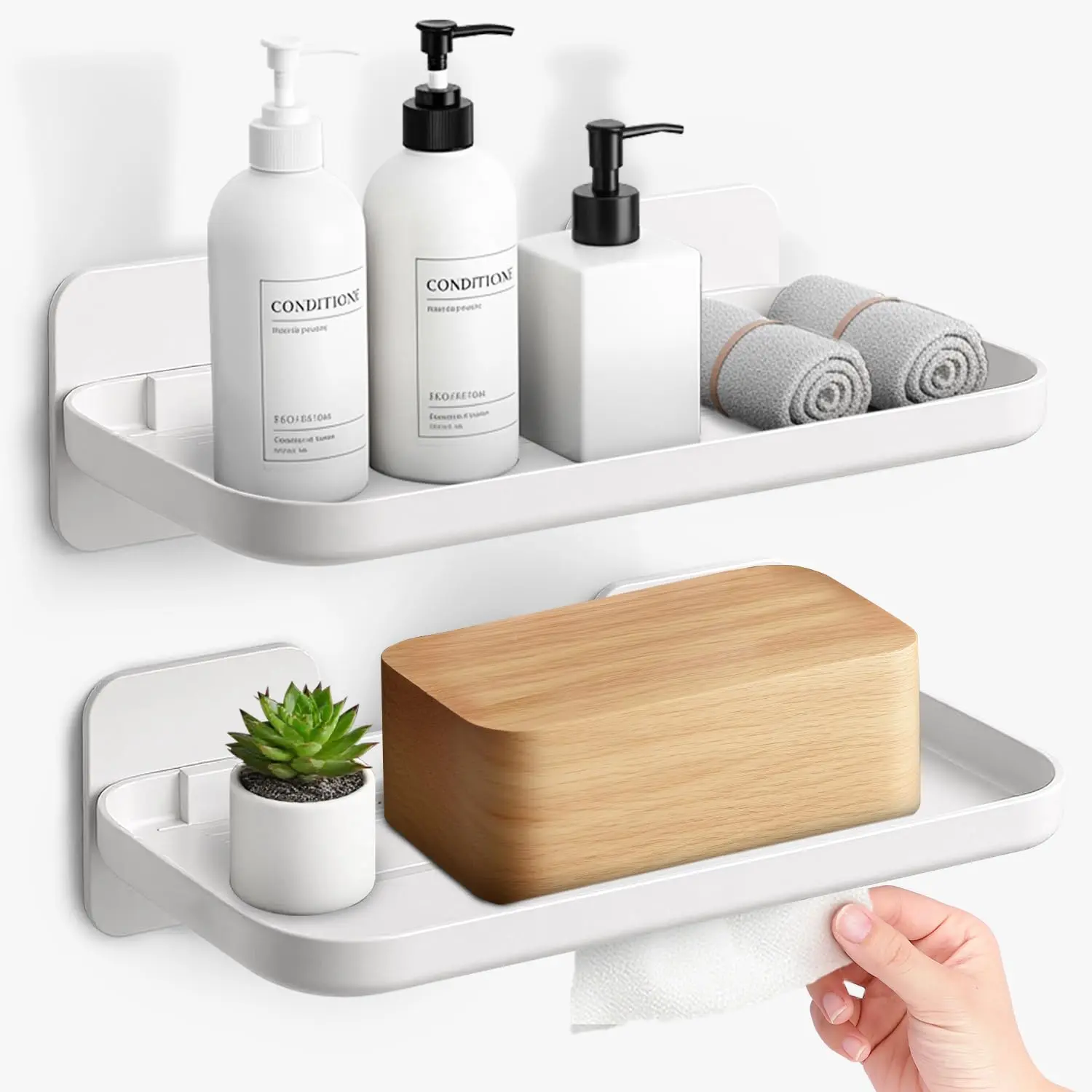 Bathroom Adhesive Hooks & Plastic Floating Wall Shelf 2-Pack, No-Drill Damage-Free Mounted Organizer for Renters, 8.6" L x 4.7" W, Suitable for Bathroom, Kitchen