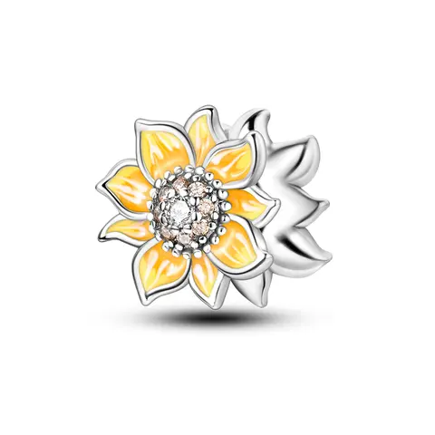 MULA Silver Plated Sunflower Charm with Yellow Enamel & CZ Center, Nature Floral Dangle Bead, Fits Most Bracelets & Necklaces, Gift for Her, Birthday, Flower Lover, Summer, DIY Jewelry