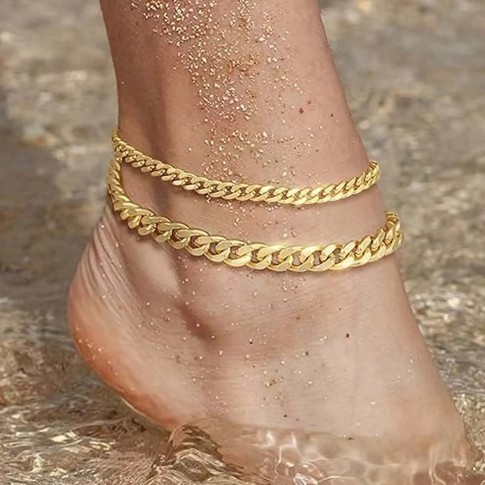 2pcs simple fashion beach style metal double layer anklets for women comfortable to wear, suitable for dating, party, work