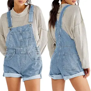 Women’s denim bib overalls with adjustable straps and pockets; casual short romper/overalls with rolled cuffs (gift)