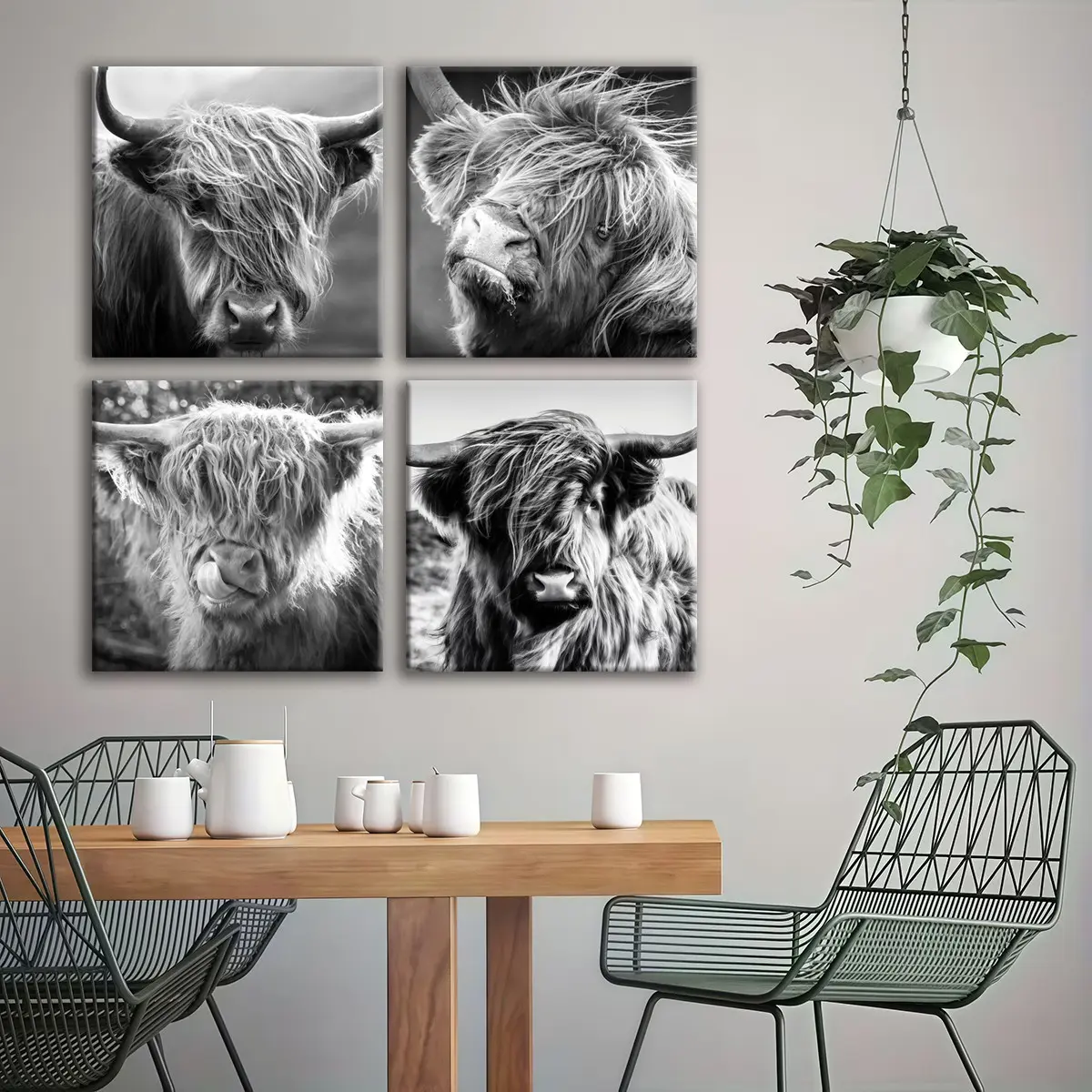 4-count wooden frame canvas set, black and white highland cow cute cow pattern four-panel decorative poster, exquisite living room and bedroom decoration, modern and fashionable family poster, corridor wall hanging painting, waterproof art Print