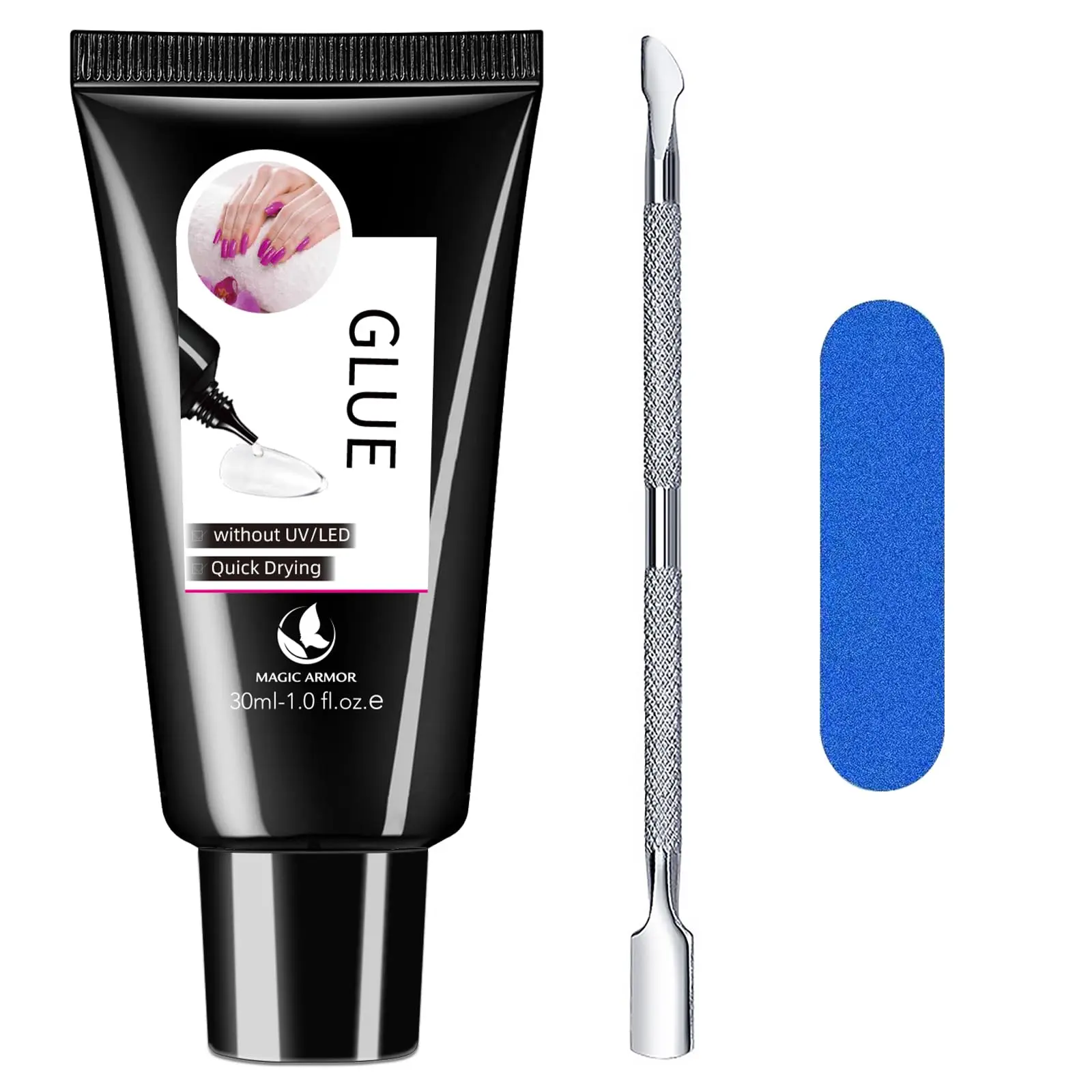 Newly Upgraded 30ml Quick-Drying Semi-Solid Nail Glue – Long-Lasting Adhesive Gel for Press-On Nails, Acrylic Tips, and Salon-Quality Nail Kits – Easy Application, No UV Lamp Needed for Home or Salon Use,Cuticle Pusher & Nail File Included-MAGIC ARMOR