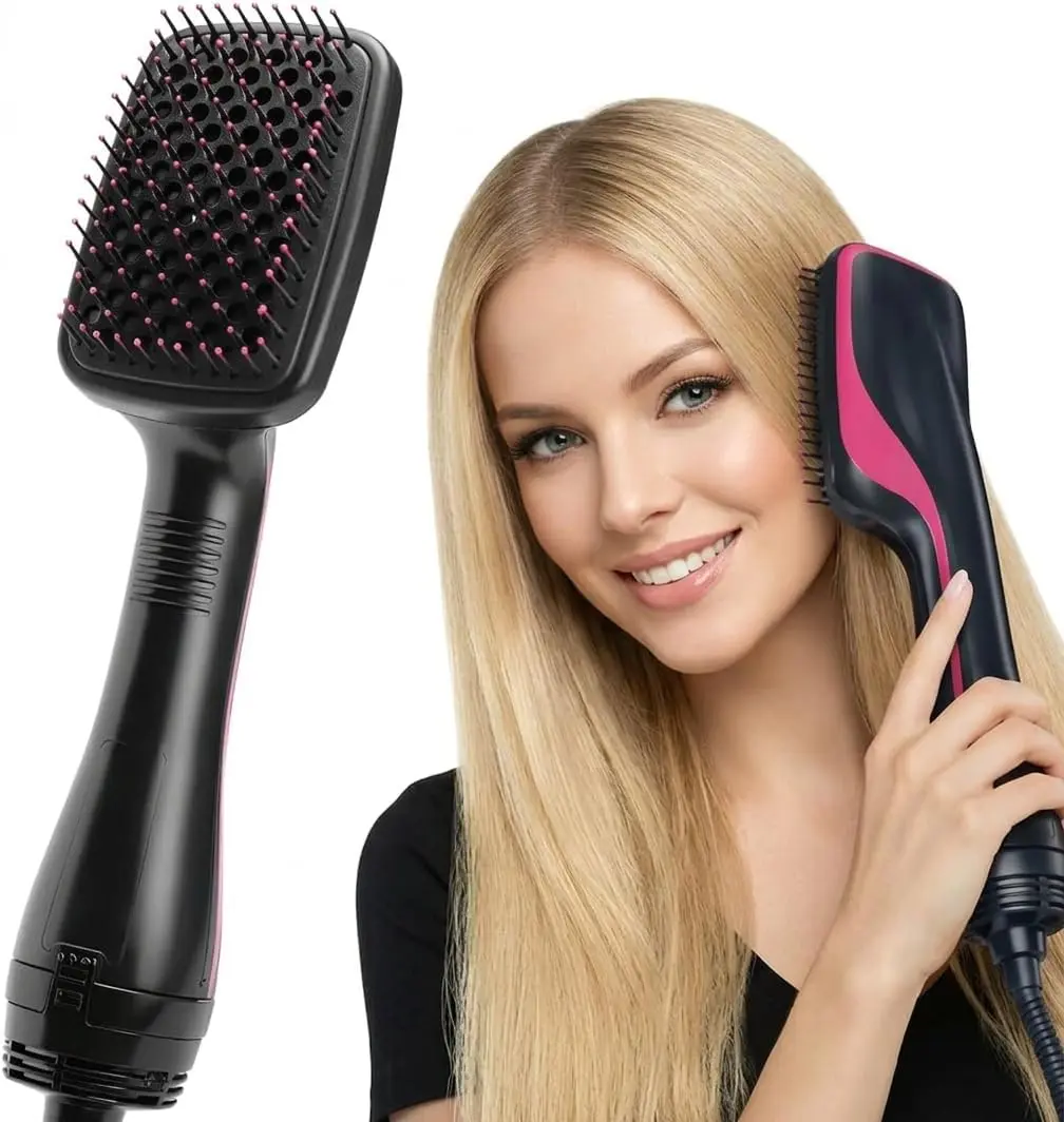 3-in-1 Hair Dryer Brush - Hot Air Styling & Straightener Brush with 3 Heat/Speed Settings, Paddle Design for All Hair Types (Drying, Straightening & Smoothing)